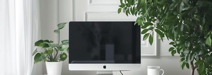 Minimalistiskt skrivbord med dator, tangentbord, växt och kaffemugg
